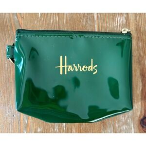 Harrods Green Patent PVC Coin Purse Zip Pouch Gold Logo Keychain D-Ring Small